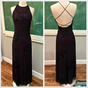Vintage 90s mesh overlay dress halter neck open back vampy size 6